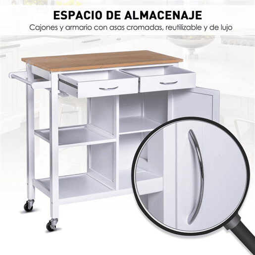 HOMCOM Carrinho de Cozinha Multiusos Carrinho Auxiliar com Rodas Prateleiras Armário e Gavetas para Cozinha 88,5x40x86cm Branco e Madeira Natural