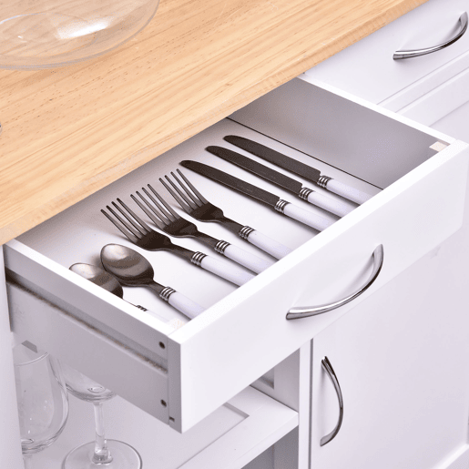 HOMCOM Carrinho de Cozinha Multiusos Carrinho Auxiliar com Rodas Prateleiras Armário e Gavetas para Cozinha 88,5x40x86cm Branco e Madeira Natural