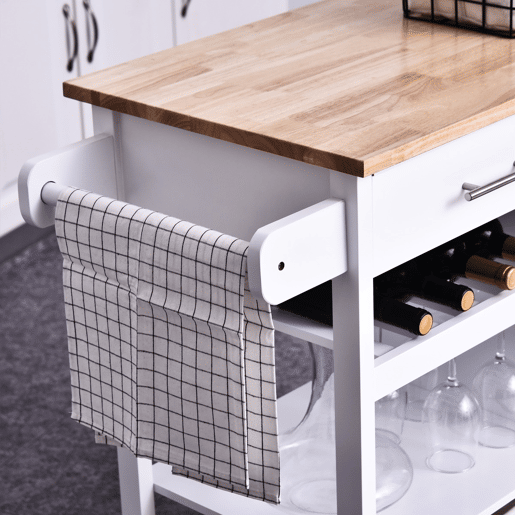 HOMCOM Carrinho de Cozinha Multiusos Carrinho Auxiliar com Rodas Prateleiras Armário e Gavetas para Cozinha 88,5x40x86cm Branco e Madeira Natural