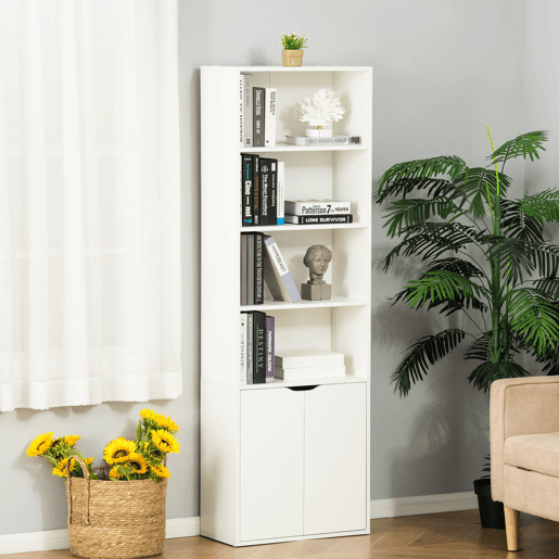 HOMCOM Estante de Livros de 6 Níveis, Biblioteca com 2 Portas, 4 Prateleiras Abertas, Armário Alto para Sala, Escritório, Local de Trabalho, 59x29x180 cm, Branco