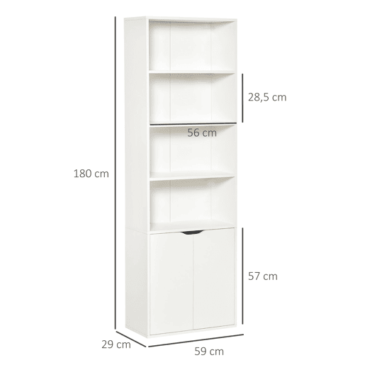 HOMCOM Estante de Livros de 6 Níveis, Biblioteca com 2 Portas, 4 Prateleiras Abertas, Armário Alto para Sala, Escritório, Local de Trabalho, 59x29x180 cm, Branco