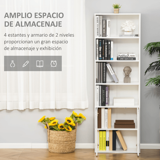 HOMCOM Estante de Livros de 6 Níveis, Biblioteca com 2 Portas, 4 Prateleiras Abertas, Armário Alto para Sala, Escritório, Local de Trabalho, 59x29x180 cm, Branco