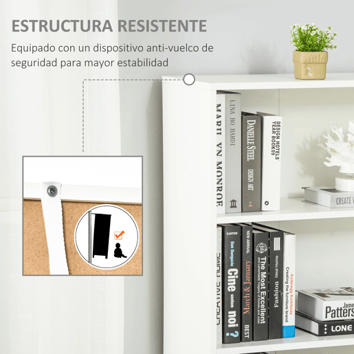 HOMCOM Estante de Livros de 6 Níveis, Biblioteca com 2 Portas, 4 Prateleiras Abertas, Armário Alto para Sala, Escritório, Local de Trabalho, 59x29x180 cm, Branco