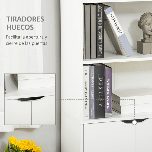 HOMCOM Estante de Livros de 6 Níveis, Biblioteca com 2 Portas, 4 Prateleiras Abertas, Armário Alto para Sala, Escritório, Local de Trabalho, 59x29x180 cm, Branco