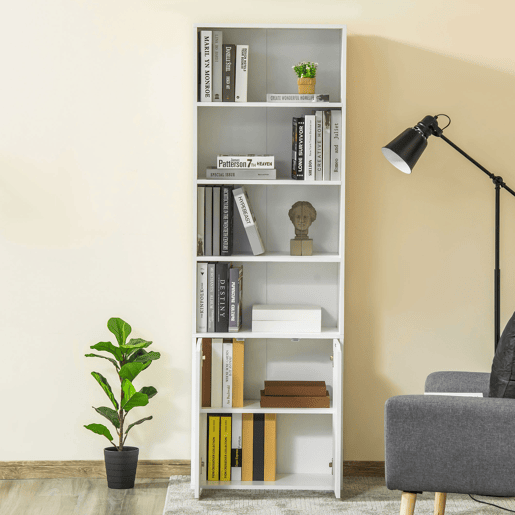 HOMCOM Estante de Livros de 6 Níveis, Biblioteca com 2 Portas, 4 Prateleiras Abertas, Armário Alto para Sala, Escritório, Local de Trabalho, 59x29x180 cm, Branco