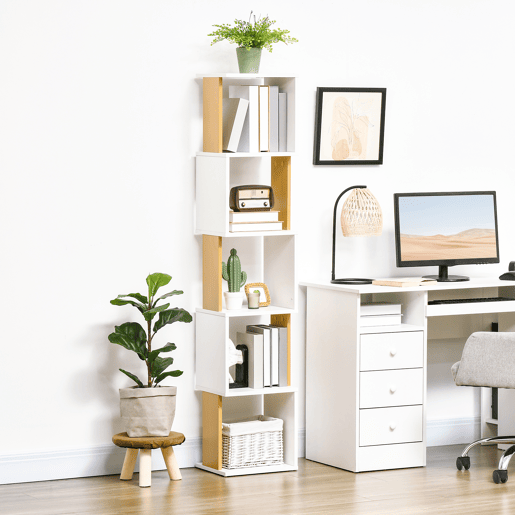 HOMCOM Estante de Livros em Forma de S Estante com 5 Prateleiras Abertas para Sala de Estar Escritório Estúdio Anti-Tombo Carga Máxima 100kg 33x28x161cm Branco