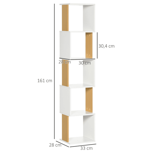 HOMCOM Estante de Livros em Forma de S Estante com 5 Prateleiras Abertas para Sala de Estar Escritório Estúdio Anti-Tombo Carga Máxima 100kg 33x28x161cm Branco