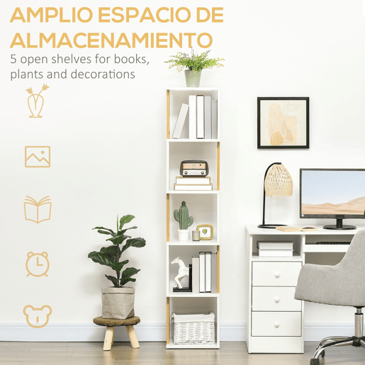 HOMCOM Estante de Livros em Forma de S Estante com 5 Prateleiras Abertas para Sala de Estar Escritório Estúdio Anti-Tombo Carga Máxima 100kg 33x28x161cm Branco