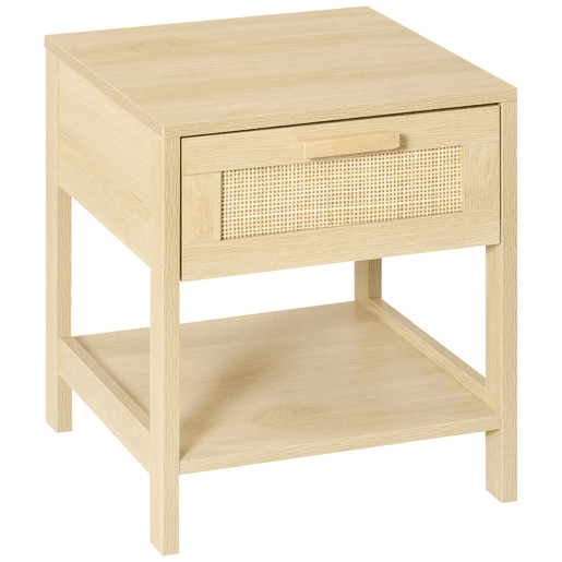 HOMCOM Mesa de cabeceira em malha Mesa lateral com gaveta e prateleira inferior em DM e vime para quarto Sala 40x40x48 cm Cor madeira
