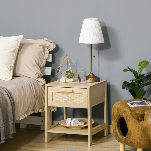 HOMCOM Mesa de cabeceira em malha Mesa lateral com gaveta e prateleira inferior em DM e vime para quarto Sala 40x40x48 cm Cor madeira