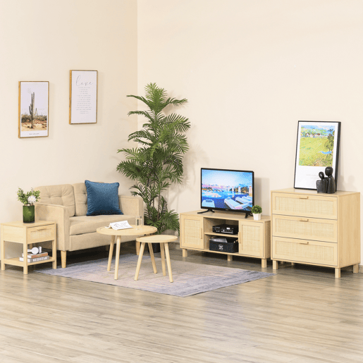 HOMCOM Mesa de cabeceira em malha Mesa lateral com gaveta e prateleira inferior em DM e vime para quarto Sala 40x40x48 cm Cor madeira