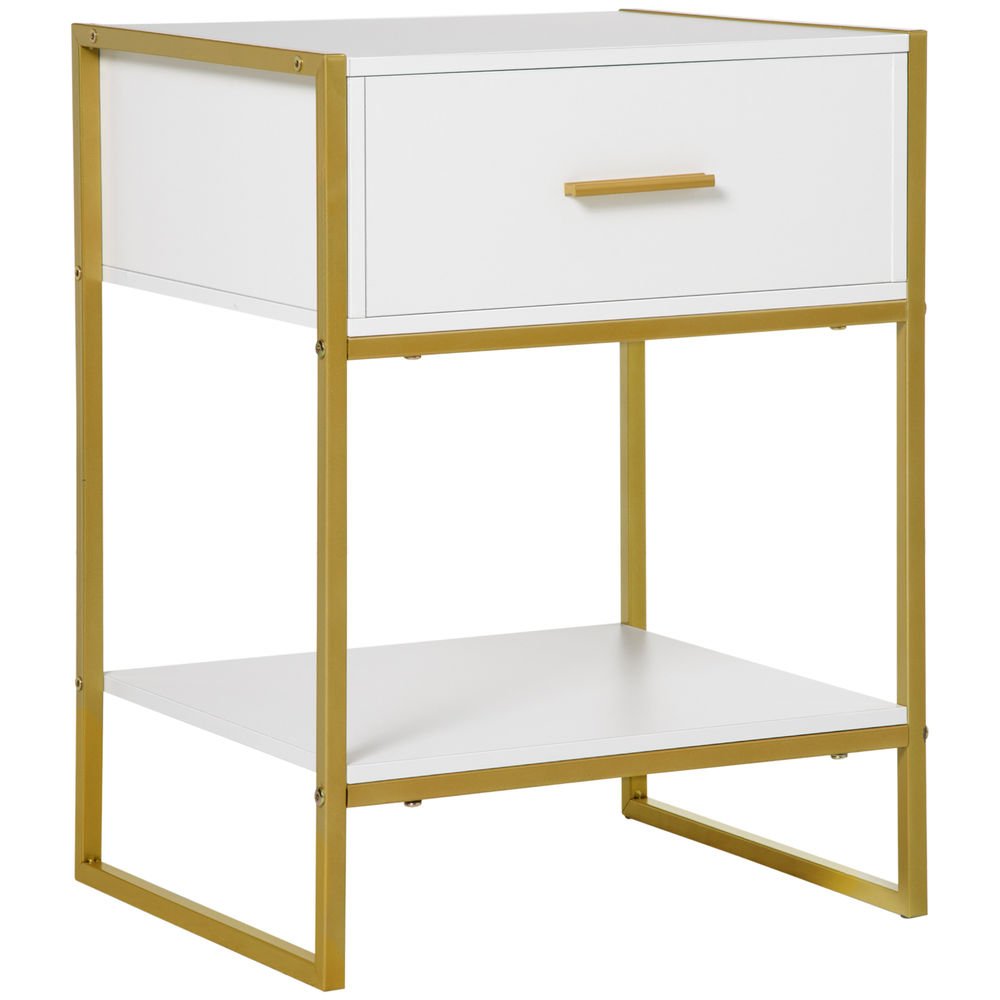 Homcom mesita de noche mesa auxiliar con cajón y estante de almacenamiento para dormitorio salón cama oficina estilo moderno 45x40x60 cm blanco