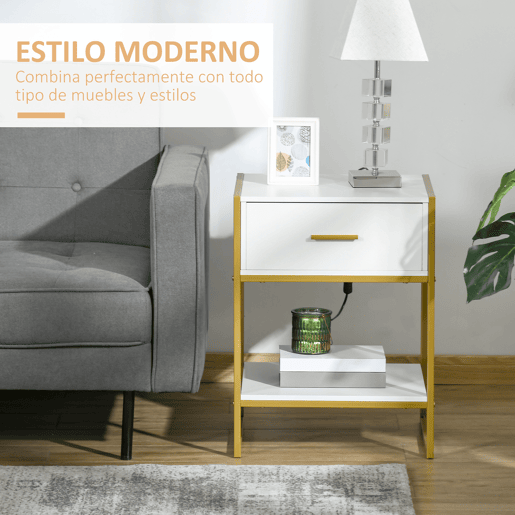 HOMCOM Mesa de Cabeceira Mesa Auxiliar com 1 Gaveta e Prateleira de Armazenamento para Dormitórios Sala de Estar Escritório Estilo Moderno 45x40x60cm Branco