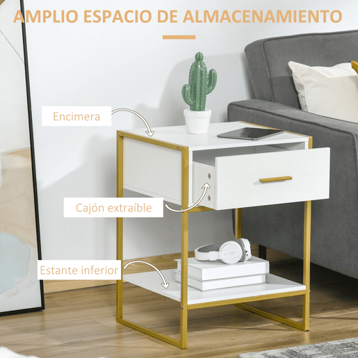 HOMCOM Mesa de Cabeceira Mesa Auxiliar com 1 Gaveta e Prateleira de Armazenamento para Dormitórios Sala de Estar Escritório Estilo Moderno 45x40x60cm Branco