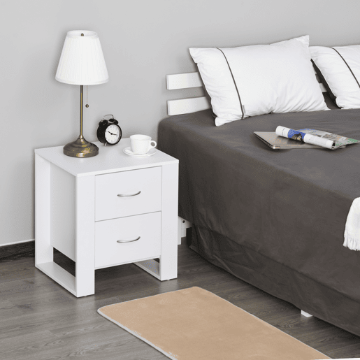 HOMCOM Mesa de Cabeceira com 2 Gavetas Pés e Base Elevada para Dormitório Mesa Lateral para Sala de Estar Estilo Moderno 48x39x54cm Branco HOMCOM Mesa de Cabeceira com 2 Gavetas Pés e Base Elevada para Dormitório Mesa Lateral para Sala de Estar Estilo Moderno 48x39x54cm Branco