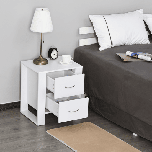 HOMCOM Mesa de Cabeceira com 2 Gavetas Pés e Base Elevada para Dormitório Mesa Lateral para Sala de Estar Estilo Moderno 48x39x54cm Branco HOMCOM Mesa de Cabeceira com 2 Gavetas Pés e Base Elevada para Dormitório Mesa Lateral para Sala de Estar Estilo Moderno 48x39x54cm Branco