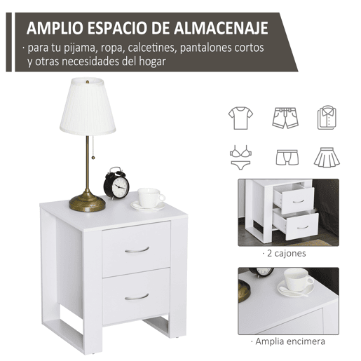 HOMCOM Mesa de Cabeceira com 2 Gavetas Pés e Base Elevada para Dormitório Mesa Lateral para Sala de Estar Estilo Moderno 48x39x54cm Branco HOMCOM Mesa de Cabeceira com 2 Gavetas Pés e Base Elevada para Dormitório Mesa Lateral para Sala de Estar Estilo Moderno 48x39x54cm Branco