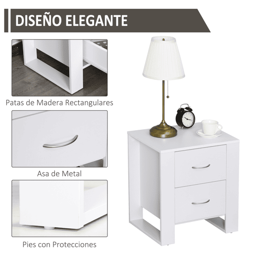 HOMCOM Mesa de Cabeceira com 2 Gavetas Pés e Base Elevada para Dormitório Mesa Lateral para Sala de Estar Estilo Moderno 48x39x54cm Branco HOMCOM Mesa de Cabeceira com 2 Gavetas Pés e Base Elevada para Dormitório Mesa Lateral para Sala de Estar Estilo Moderno 48x39x54cm Branco