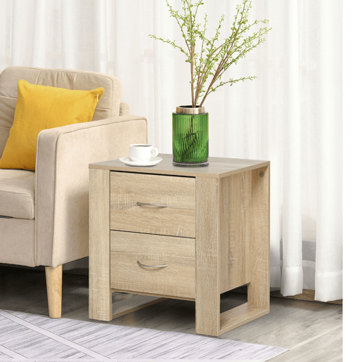 HOMCOM Mesa de Cabeceira com 2 Gavetas Pés e Base Elevada para Dormitório Mesa Lateral para Sala de Estar Estilo Moderno 48x39x54cm Carvalho HOMCOM Mesa de Cabeceira com 2 Gavetas Pés e Base Elevada para Dormitório Mesa Lateral para Sala de Estar Estilo Moderno 48x39x54cm Carvalho