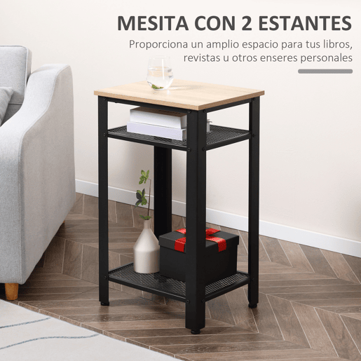 HOMCOM Mesa Auxiliar Mesa de Cabeceira Estilo Industrial com 2 Prateleiras de Grade de Metal e Pés Ajustáveis 45x35x75cm Carvalho e Branco