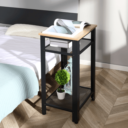 HOMCOM Mesa Auxiliar Mesa de Cabeceira Estilo Industrial com 2 Prateleiras de Grade de Metal e Pés Ajustáveis 45x35x75cm Carvalho e Branco