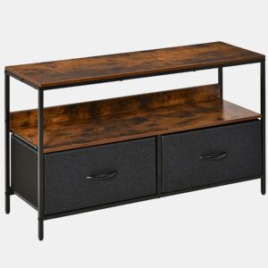 HOMCOM Móvel de TV até 47u201D Móvel de TV Industrial com Prateleira e 2 Cestos de Tecido Dobráveis para Sala de Estar Dormitório Estrutura de Metal 98x29x56cm Marrom Rústico e Preto