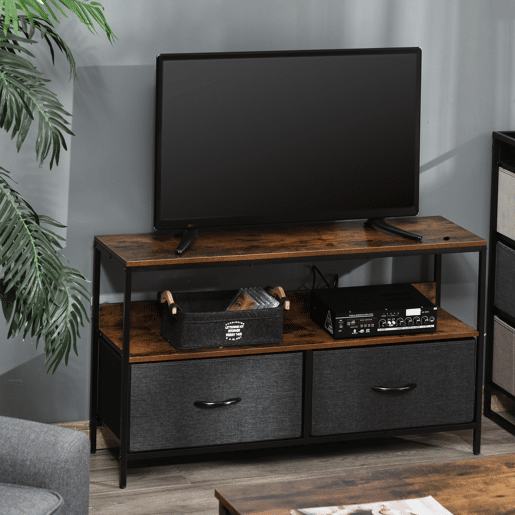 HOMCOM Móvel de TV até 47u201D Móvel de TV Industrial com Prateleira e 2 Cestos de Tecido Dobráveis para Sala de Estar Dormitório Estrutura de Metal 98x29x56cm Marrom Rústico e Preto