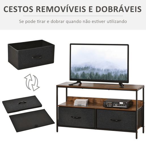 HOMCOM Móvel de TV até 47u201D Móvel de TV Industrial com Prateleira e 2 Cestos de Tecido Dobráveis para Sala de Estar Dormitório Estrutura de Metal 98x29x56cm Marrom Rústico e Preto