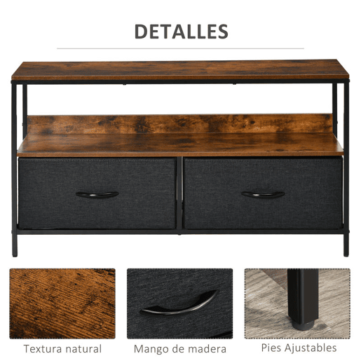 HOMCOM Móvel de TV até 47u201D Móvel de TV Industrial com Prateleira e 2 Cestos de Tecido Dobráveis para Sala de Estar Dormitório Estrutura de Metal 98x29x56cm Marrom Rústico e Preto