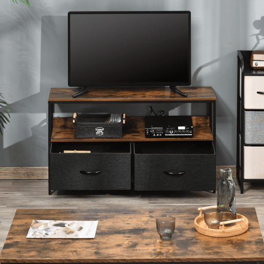 HOMCOM Móvel de TV até 47u201D Móvel de TV Industrial com Prateleira e 2 Cestos de Tecido Dobráveis para Sala de Estar Dormitório Estrutura de Metal 98x29x56cm Marrom Rústico e Preto