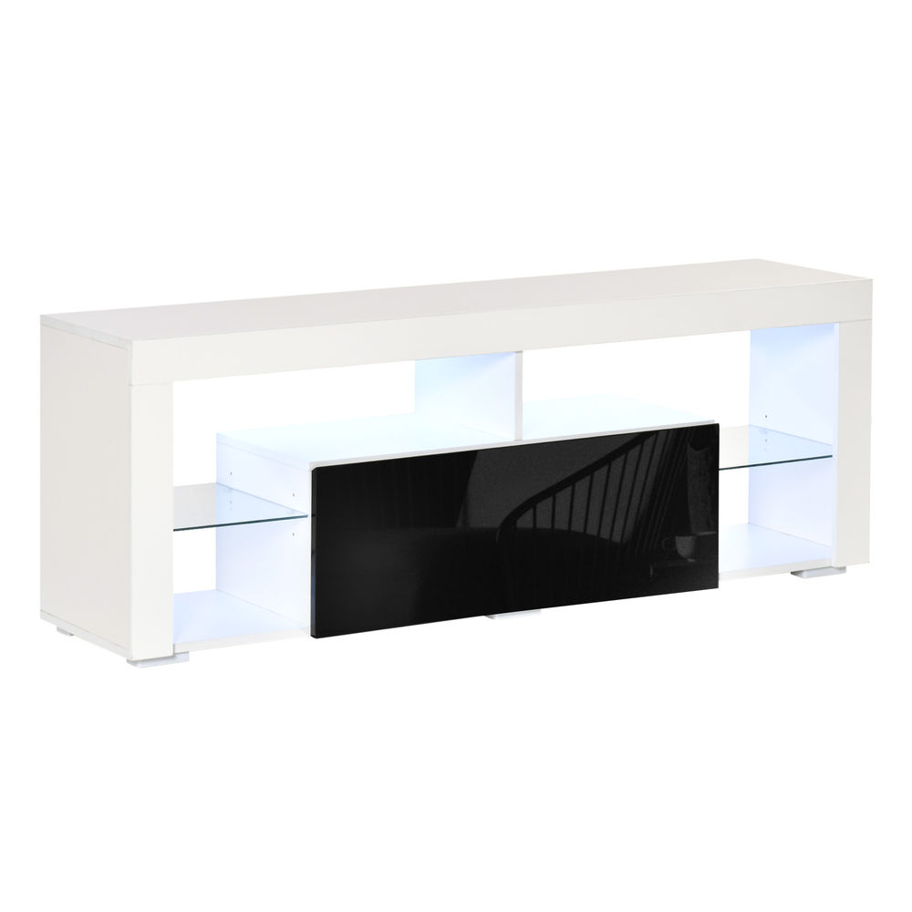 Homcom mueble de tv para televisiones de 55”pulgadas mesa para tv de salón con luz led 6 modos de colores mando a distancia cajón estantes de cristal ajustables y alto brillo 140x35x52 cm blanco