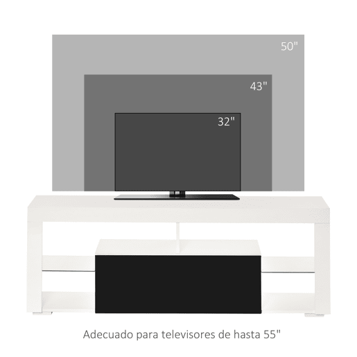 HOMCOM Móvel de TV para Sala de Estar com Iluminação LED 6 Modos de Cores Controle Remoto Gaveta e Prateleiras de Cristal Ajustáveis 140x35x52cm Preto e Branco Brilhante