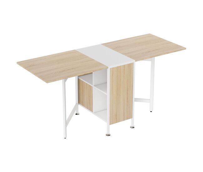Homcom mesa plegable de comedor, mesa de cocina plegable, con alas abatibles, 4 compartimentos, 3 formas, hasta 4 personas, para salón, espacio pequeño, 169x60x75 cm, roble y blanco