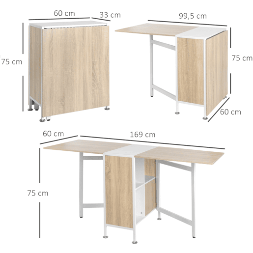 HOMCOM Mesa Dobrável de Arrumação 4 Prateleiras para Sala de Jantar Sala de Estar Mesa Auxiliar de Madeira 169x60x75 cm Carvalho e Branco