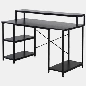 HOMCOM Secretária para escritorio com 3 prateleiras Pernas com Almofadas Ajustáveis Anti-derrapante Estrutura de metal 140x60x93 cm Preto