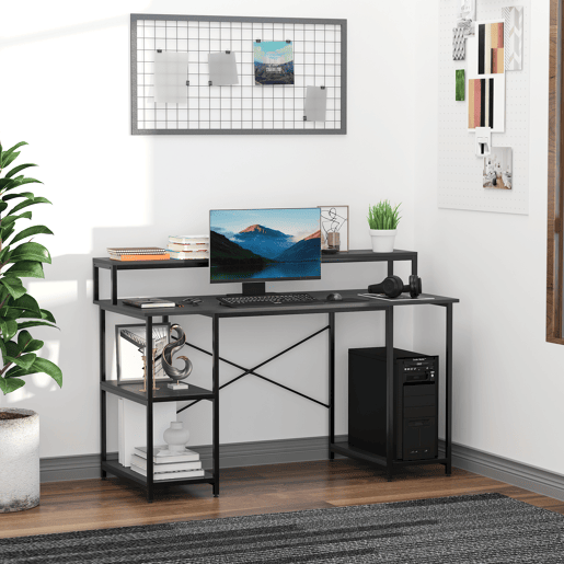 HOMCOM Secretária para escritorio com 3 prateleiras Pernas com Almofadas Ajustáveis Anti-derrapante Estrutura de metal 140x60x93 cm Preto HOMCOM Secretária para escritorio com 3 prateleiras Pernas com Almofadas Ajustáveis Anti-derrapante Estrutura de metal 140x60x93 cm Preto