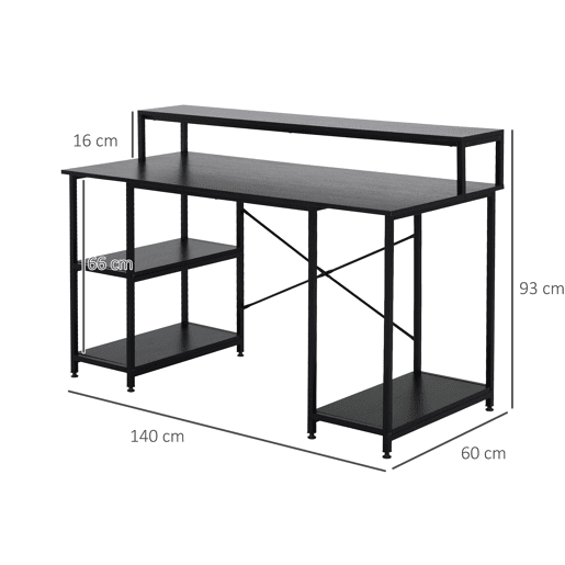 HOMCOM Secretária para escritorio com 3 prateleiras Pernas com Almofadas Ajustáveis Anti-derrapante Estrutura de metal 140x60x93 cm Preto HOMCOM Secretária para escritorio com 3 prateleiras Pernas com Almofadas Ajustáveis Anti-derrapante Estrutura de metal 140x60x93 cm Preto
