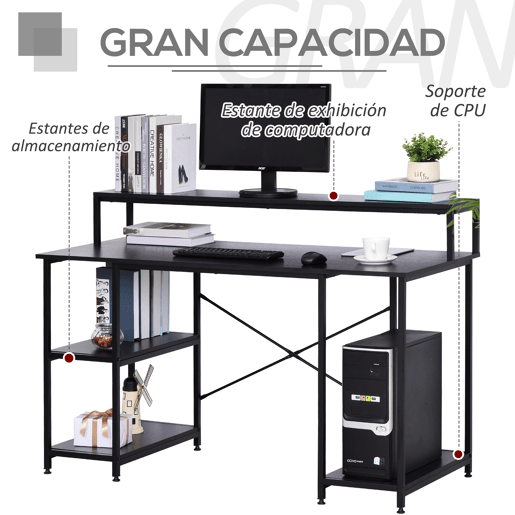 HOMCOM Secretária para escritorio com 3 prateleiras Pernas com Almofadas Ajustáveis Anti-derrapante Estrutura de metal 140x60x93 cm Preto HOMCOM Secretária para escritorio com 3 prateleiras Pernas com Almofadas Ajustáveis Anti-derrapante Estrutura de metal 140x60x93 cm Preto