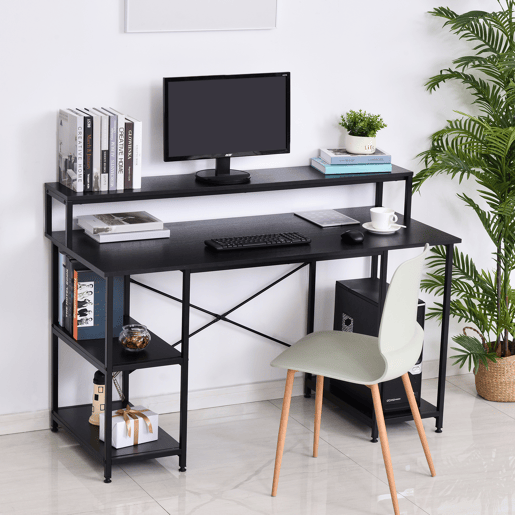 HOMCOM Secretária para escritorio com 3 prateleiras Pernas com Almofadas Ajustáveis Anti-derrapante Estrutura de metal 140x60x93 cm Preto HOMCOM Secretária para escritorio com 3 prateleiras Pernas com Almofadas Ajustáveis Anti-derrapante Estrutura de metal 140x60x93 cm Preto