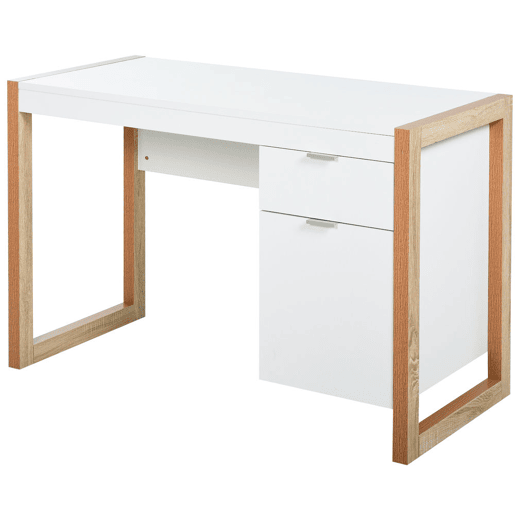 HOMCOM Mesa de Computador Secretária Espaçosa com Gaveta Armário Pés em Forma Retangular Estilo Moderno 112,5x50x75,5 cm Branco e Madeira