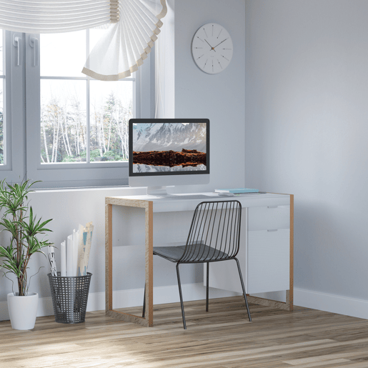 HOMCOM Mesa de Computador Secretária Espaçosa com Gaveta Armário Pés em Forma Retangular Estilo Moderno 112,5x50x75,5 cm Branco e Madeira