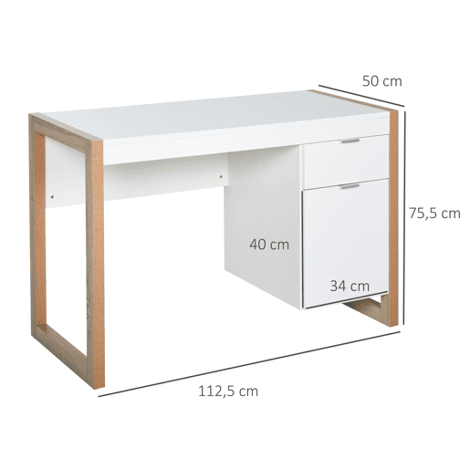 HOMCOM Mesa de Computador Secretária Espaçosa com Gaveta Armário Pés em Forma Retangular Estilo Moderno 112,5x50x75,5 cm Branco e Madeira