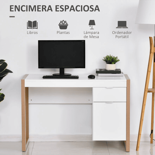 HOMCOM Mesa de Computador Secretária Espaçosa com Gaveta Armário Pés em Forma Retangular Estilo Moderno 112,5x50x75,5 cm Branco e Madeira