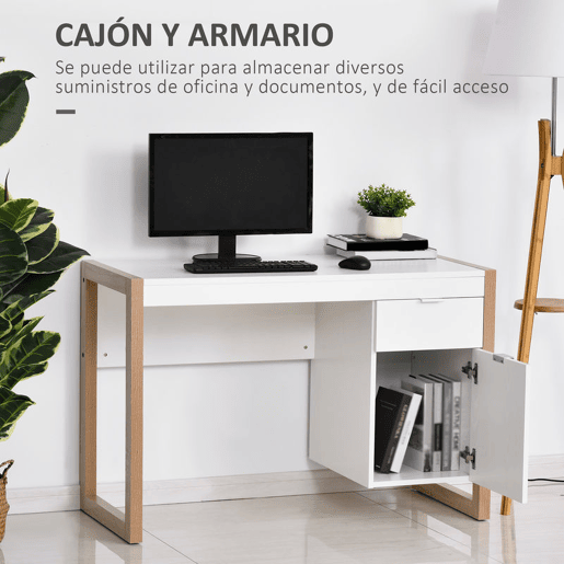 HOMCOM Mesa de Computador Secretária Espaçosa com Gaveta Armário Pés em Forma Retangular Estilo Moderno 112,5x50x75,5 cm Branco e Madeira
