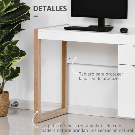 HOMCOM Mesa de Computador Secretária Espaçosa com Gaveta Armário Pés em Forma Retangular Estilo Moderno 112,5x50x75,5 cm Branco e Madeira