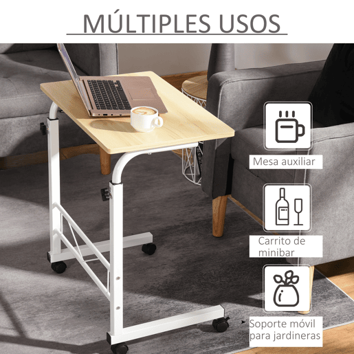 HOMCOM Mesa de computador para Hogar escritorio Altura Ajustável Mesa Compacta com Rodas 60x40x68-78cm Cor Branco