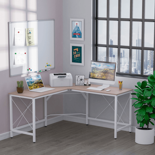 HOMCOM Secretária em Forma de L Secretária para Escritório com Estrutura de Metal Carga 70 kg Secretária de Canto para Escritório Estúdio 150x150x76 cm Madeira e Branco