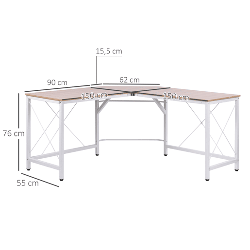 HOMCOM Secretária em Forma de L Secretária para Escritório com Estrutura de Metal Carga 70 kg Secretária de Canto para Escritório Estúdio 150x150x76 cm Madeira e Branco