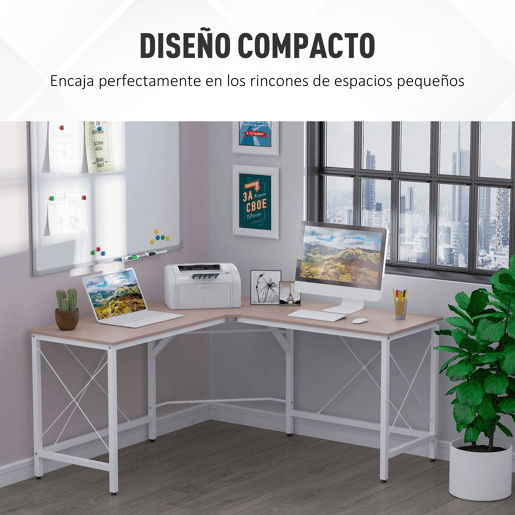 HOMCOM Secretária em Forma de L Secretária para Escritório com Estrutura de Metal Carga 70 kg Secretária de Canto para Escritório Estúdio 150x150x76 cm Madeira e Branco