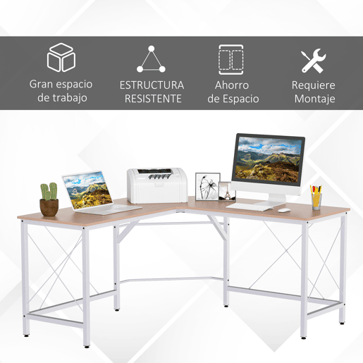 HOMCOM Secretária em Forma de L Secretária para Escritório com Estrutura de Metal Carga 70 kg Secretária de Canto para Escritório Estúdio 150x150x76 cm Madeira e Branco